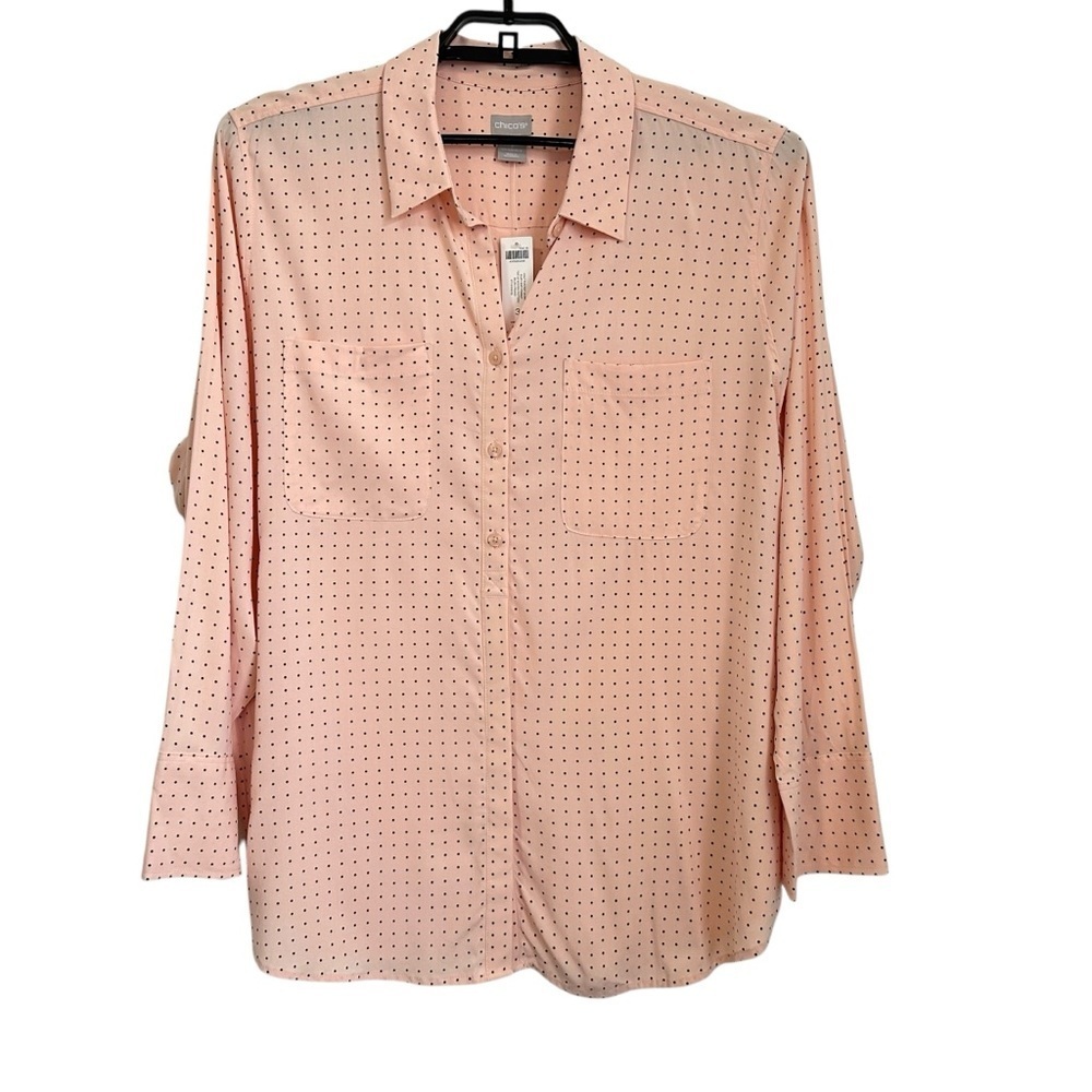 Chicos Womens Half Placket Long Sleeve Pindot Shirt Sz 16/18 Blush Peach
